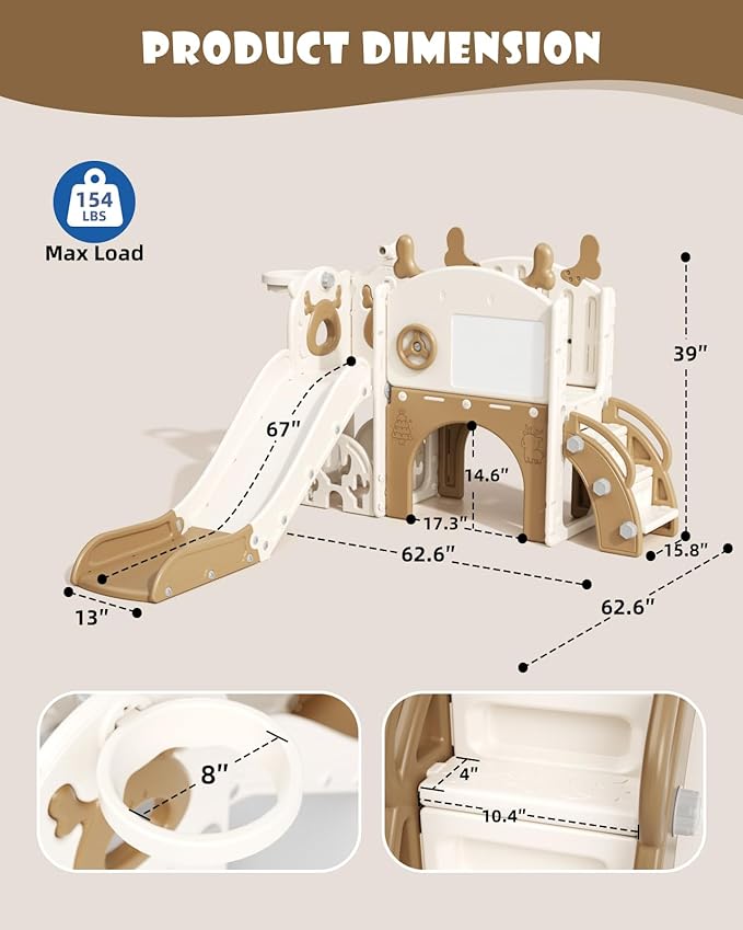 YUFU 12 in 1 Kids Slide for Toddlers, Toddler Slide Playset with Golf, Drawing Board, Climber, Basketball Hoop and Storage Space, Indoor Outdoor Toddler Playground for Kids Age 1-3 (Brown)