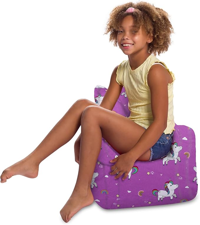 Posh Creations Bean Bag Chair Structured Seat for Toddlers and Kids, Comfy Chair for Gaming, Reading, and Watching TV for Children, Pasadena Chair, Canvas - Unicorn Rainbows on Purple