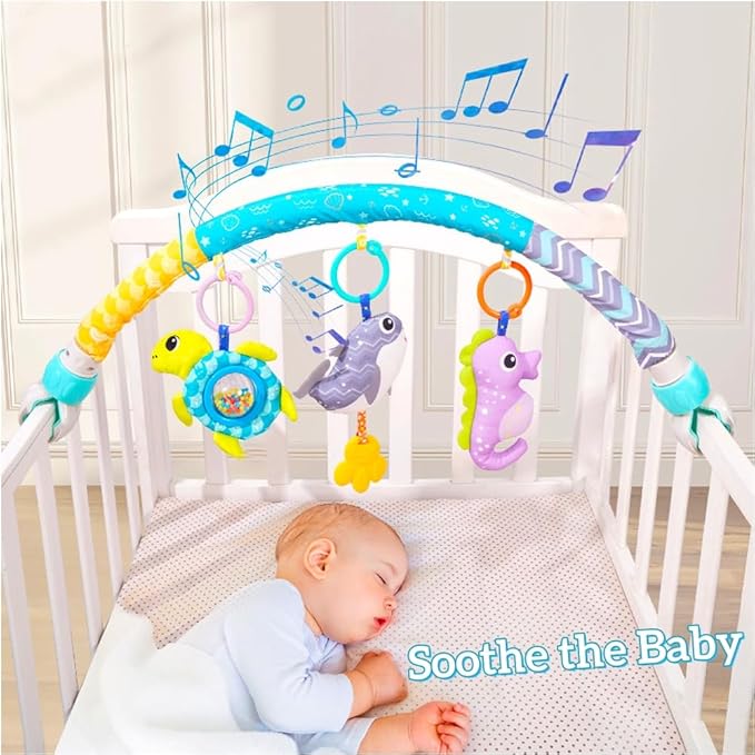 Baby Stroller Arch Toy, Clip On Arch Mobile for Bassinet with Universal Clamps, Activity Toy Bar for Bouncer Musical Crib Mobile Toys for Infants Car Seat Toys Rattle Turtle Music Whale