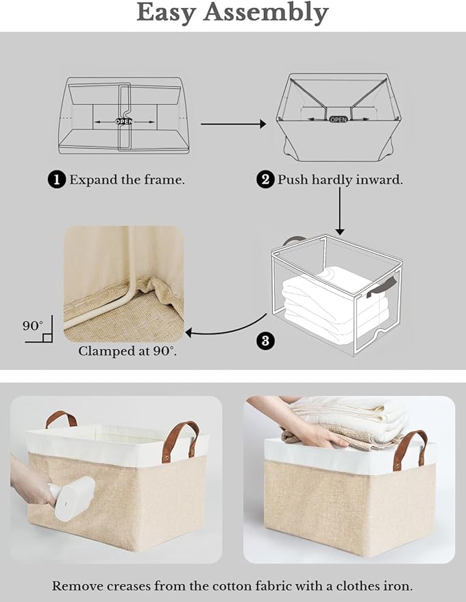 StorageWorks Storage Bins, Fabric Storage Bins for Shelves, Large Storage Baskets with Metal Frame, Closet Baskets and Bins with Handles, Brown and White, 2-Pack