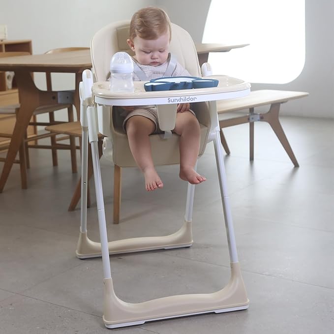 3 in 1 Baby High Chair with Wheels, Adjustable 5 Point Harness, Tray, Foot Rest, Backrest and Seat Height, Foldable High Chair for Toddlers, Beige