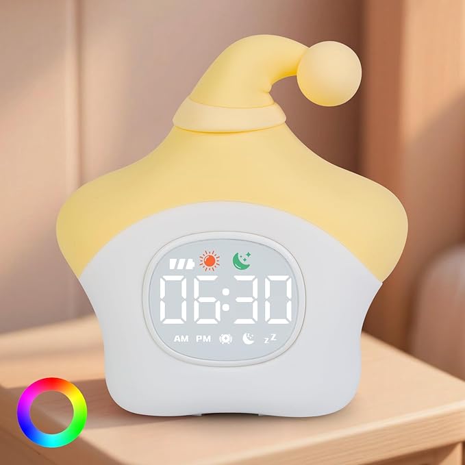 Star Alarm Clock with Night Light for Kids with Sleep Training and Sound Machine, Rechargeable Silicone Lamp OK to Wake Clock,Cute Animal Tabletop Lamp, Perfect Sleep Companion for Boys Girls, Yellow