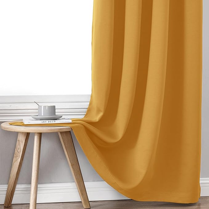 ChrisDowa 100% Blackout Curtains 90 inch Long for Bedroom with Black Liner, 2 Thick Layers Total Blackout Thermal Insulated Grommet Long Window Curtains 2 Panels Set (Mustard Yellow, 52 x 90 Inch)