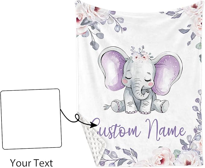 Personalized Baby Crib Bedding Set for Baby Girls, Light Purple Elephant Pattern Custom Name Baby Crib Sets 5-Pcs, Toddler Double Layer Blanket Fitted Sheets Changing Pad Cover Rug Wall Art Set