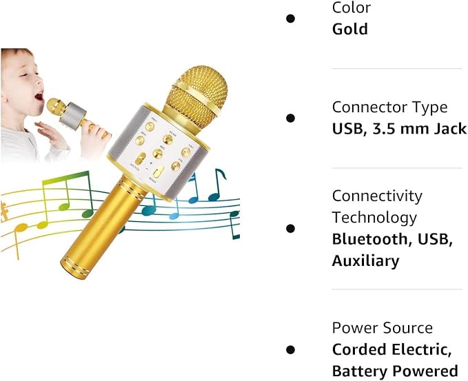 KIDWILL Wireless Bluetooth Karaoke Microphone for Kids, 5-in-1 Portable Handheld Karaoke Mic Speaker Player Recorder with Adjustable Remix FM Radio for Kids Girls Boys Teens Birthday (Gold)