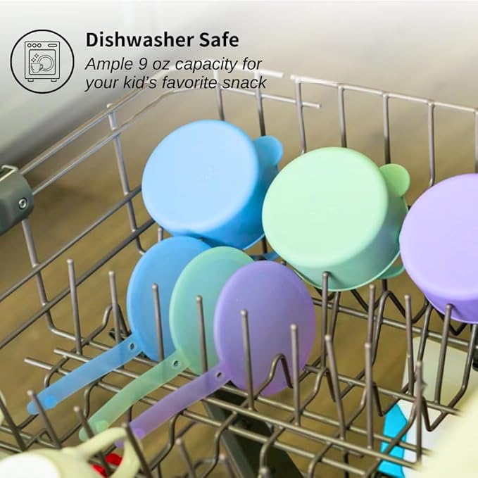 Silicone No Spill Snack Cups for Toddlers – Portable Baby Snack Cup Containers with Dustproof Lid – Dishwasher-Friendly Toddler Spill Proof Cups Without BPA, Lead, or Phthalates – Beige and Green