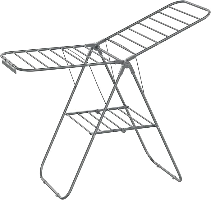 SONGMICS Clothes Drying Rack, with Sock Clips, Metal Laundry Rack, Foldable, Space-Saving, Free-Standing Airer, with 2 Height-Adjustable Gullwings, Indoor Outdoor Use, Gray ULLR052G01