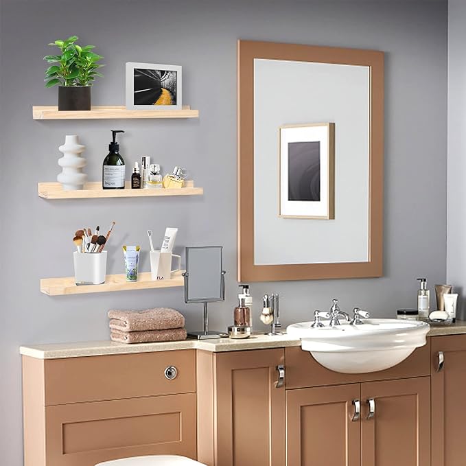 AZSKY Natural Wood Wall Mounted Shelves 24 Inch Floating Wall Book Shelf Floating Ledge Storage Rustic Shelves Photo Picture Ledge for Home Decor a Set of 3