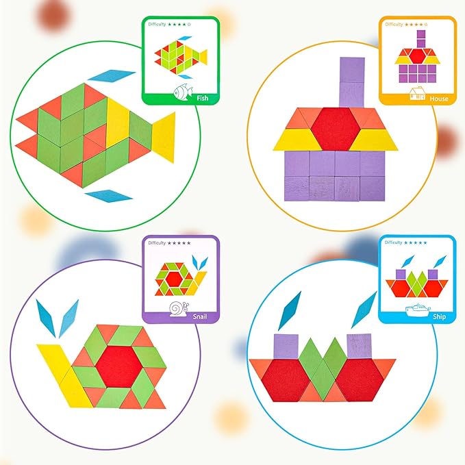 LovesTown 209 PCS Shapes Wooden Pattern Blocks for Kids,Geometric with Activity Cards and Storage Bag, Educational Tangram Puzzles,Great Learning Gift from Parents or Teachers