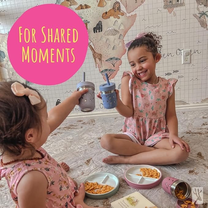 Elk and Friends Kids 7.8” Porcelain Divided Plates with Silicone Sleeves + Lids | Suitable for Babies/Kids/Toddlers | Microwave & Dishwasher Safe | Non Slip | Snack Dishes