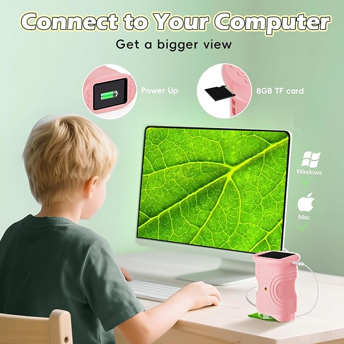 Kids Microscope Digital 1000X Zoom, Mini Pocket Handheld Microscope Portable Travel Toys, HD Photo & Video with 8GB SD Card, Christmas Birthday Gifts for Girls, STEM Toys for Toddlers Age 3-8