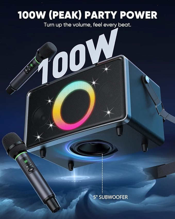 GFEEN Portable Bluetooth Speaker: 200W Peak, 15H Playtime, Wireless Speakers with Microphone, 5″ Subwoofer, Loud Sound, Light Show, Fast Charging for Outdoor, Party, Backyard(Silver with 2Mic)