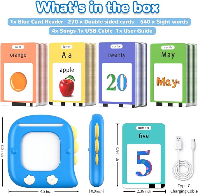 Kidzdo 520 ABCs Talking Flash Cards, Christmas Birthday Gifts for 2 3 4 5 6 Year Old Boys Girls, ABCs Early Education Learning Toys, Autism Sensory Toys for Autistic Kids Ages 2-6, Blue