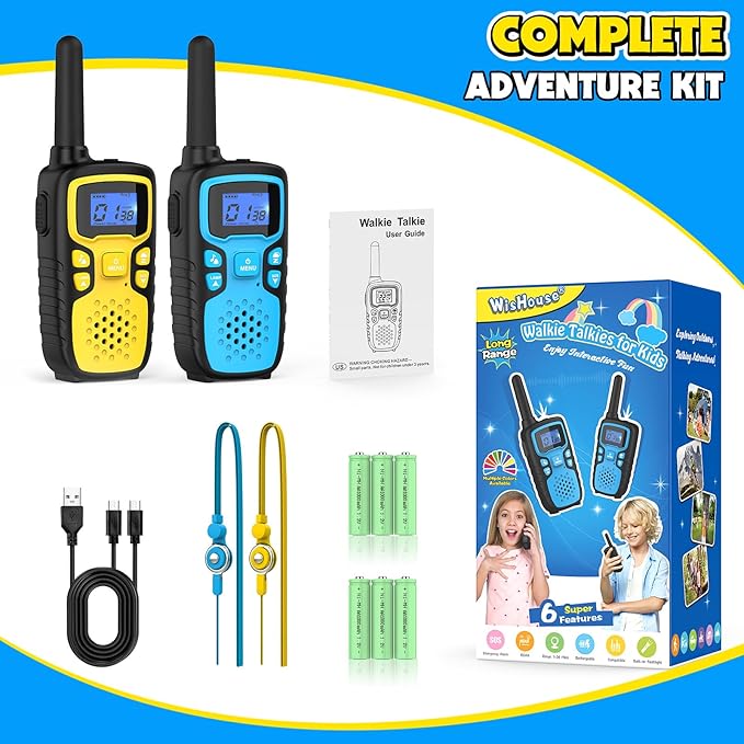 Wishouse Walkie Talkies for Kids Rechargeable Long Range,Xmas Birthday Gift for 4 5 6 7 8 9 Year Old Boys Girls,Hiking Gear Camping Games Cool Toys with NOAA,SOS Siren,Lamp,Lanyards,2 Pack Blue Yellow