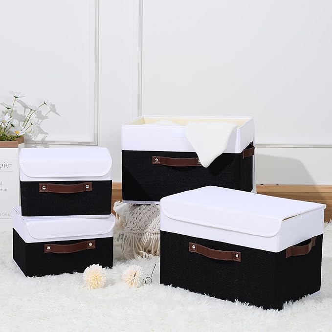 ANMINY 2PCS Storage Boxes with Lid Washable Decorative Storage Bins Basket with PU Leather Handle Foldable Linen Fabric Storage Cubes Containers for Home Closet Organizer - Black White, Small Size
