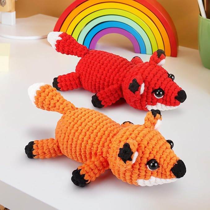 Crochet Kit for Beginners - 2 PCS Fox Crochet Kits with Step-by-Step Video Tutorials, Beginner Crochet Kit for Adults, Crochet Animal Kit for Kids, Crochet Fox Set (Orange & Red)