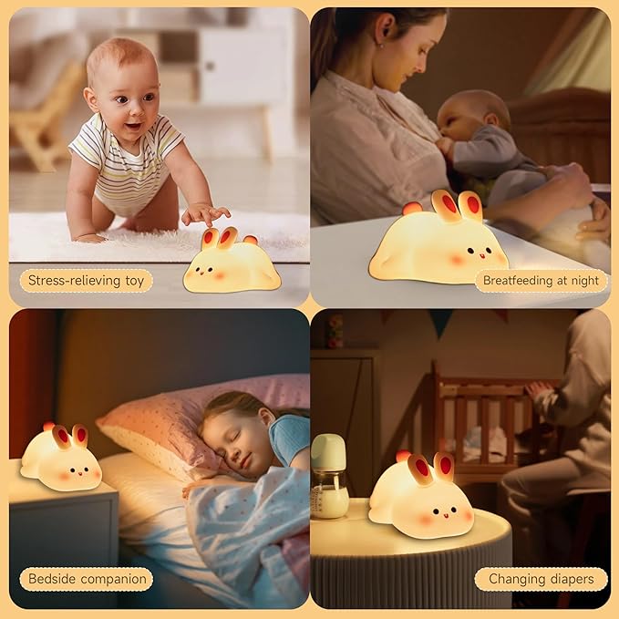 Big Face Rabbit Night Light, Adorable LED Bunny Night Lamp, Silicone Dimmable Nursery Nightlight for Girls, Silicone Rechargeable Bedside Touch Night Lights for Easter Decor