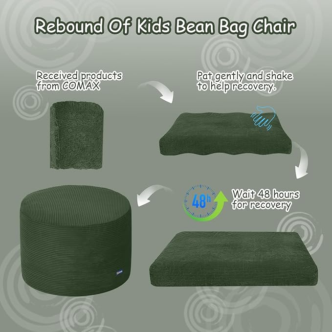 COMAX Kids Bean Bag Chair Turn into Beanbag Bed, Toddler Bean Chair Corduroy for Girl Boy Sleeping, Lazy Children Bean Bags with Filler, Convertible Child Floor Mattress, Dark Green