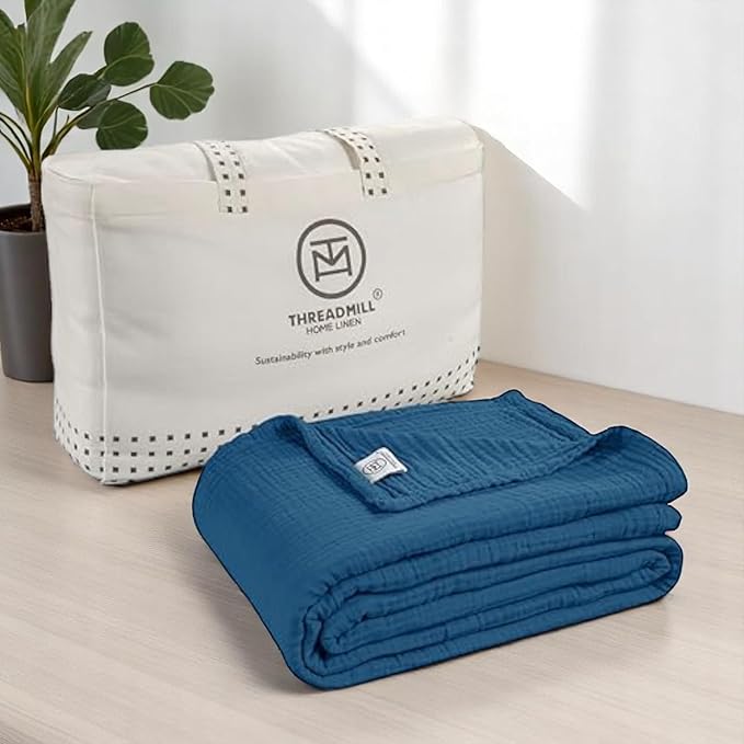 Threadmill Muslin King Blanket | 4 Layer 100% Cotton Gauze Summer Blanket | Soft, Breathable, and Cozy for All Seasons | Lighweight King Size Blanket for Bed | Folkstone Blue