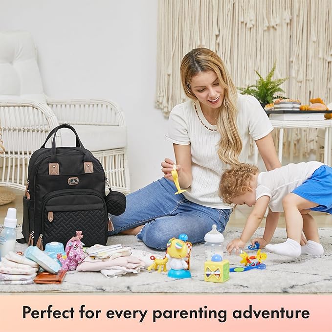 Dikaslon Diaper Bag Backpack with Portable Changing Pad, Pacifier Case and Stroller Straps, Large Unisex Baby Bags for Boys Girls, Multipurpose Travel Back Pack Moms Dads, Black