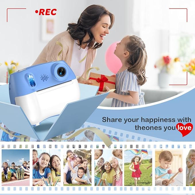 Instant Print Camera for Kids - Front Rear Dual Selfie Kid Print Camera, Fun Birthday Gift for Boys Ages 3-12, HD Digital Video Cameras, Easy to Use for Toddler - Blue