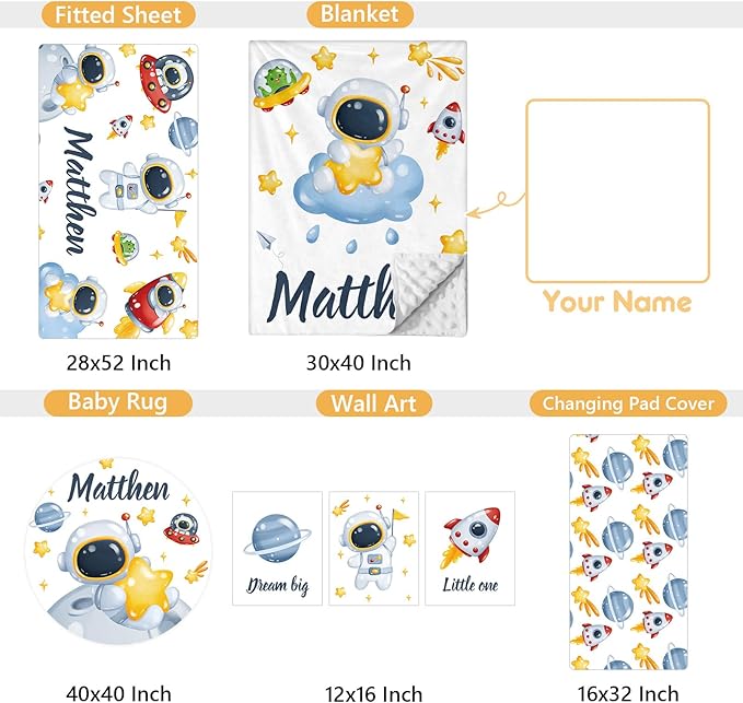 Customized Baby Bedding Set, 5 Pcs Custom Nursery Bedding Set with Baby Name, Double Layer Crib Set for Girls Boys, Personalized Gifts for Toddlers Infants New Parents, Space Astronaut