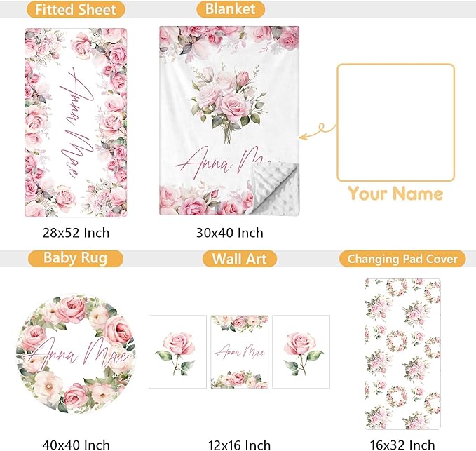 Custom Crib Bedding Set - 5 Pcs Personalized Name Pink Flowers Baby Crib Set for Infant Toddler Girl - Comfortable Double Layer Nursery Bedding Set - Customized Present for Birthday Baby Shower