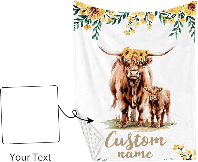 Personalized Nursery Crib Bedding Set: Custom Name Yellow Floral 5 Piece Baby Crib Sets with Highland Cattle Design - Toddler Double Layer Blanket Set, Comfortable Crib Bed Sheets for Baby Grils