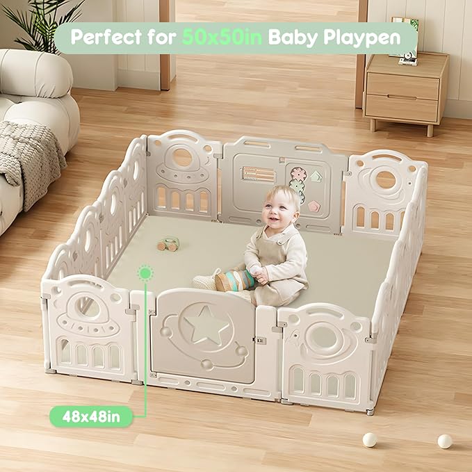 Padded Baby Play Mat, Super Soft Vegan Leather Baby Floor Play Mat, 48x48 Non-Slip Thick Foam Cushioned Play Mat for Babies 6-12 Months, Fits Nicely Into 50x50 Playpen Mat, Grayish Green