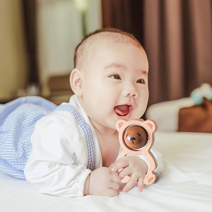 Wooden Baby Rattle Toys, Newborn Rattle Toys 0-12 Months Handmade Baby Clutching Toys | Natural Wooden Baby Teething Toys | Baby Shower/Birthday Gifts (Cute Bear Rattle)