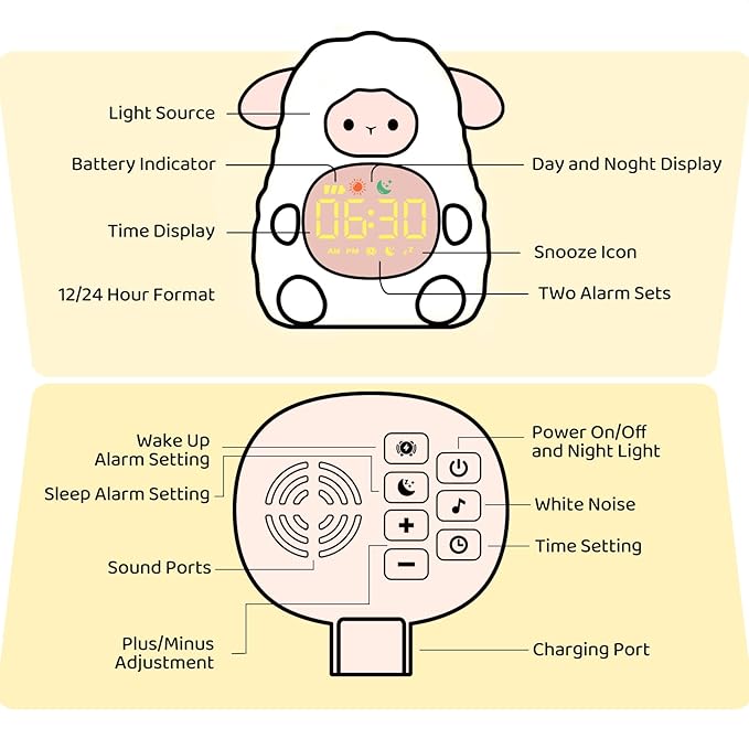 Sheep Alarm Clock with Night Light for Kids with Sleep Training and Sound Machine, Rechargeable Silicone Lamp OK to Wake Clock,Cute Animal Tabletop Lamp, Perfect Sleep Companion for Boys Girls, Pink