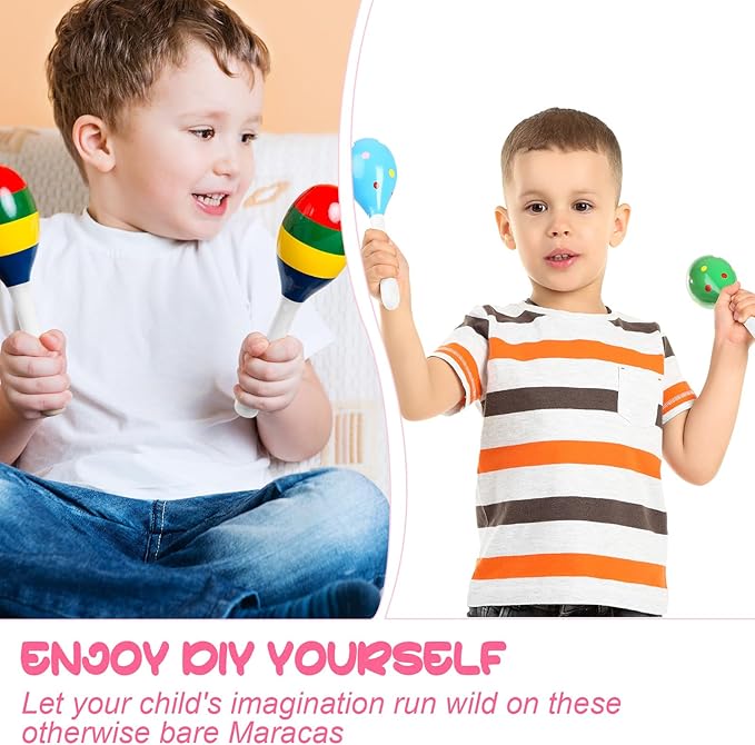 Leitee 6 Pcs DIY Wood Maracas Unfinished Hand Painted Maracas Party Favor Wooden Rumba Shakers Hand Percussion Rattles Musical Instruments with Clear Sound for Kid Adult (White)