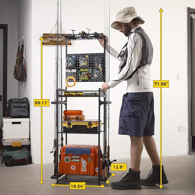 SOYEEZE Fishing Rod Holders for Garage,Fishing Gear Holder for Fishing Rod Tackle Box Storage,Fishing Pole Holders for 12 Rods with Hooks and Pegboard,Fishing Cart with Reel Rack