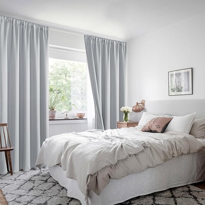 XWZO 100% Blackout Curtains with Tiebacks- 2 Thick Layers Completely Shaded Window Treatment Thermal Insulated Lined Rod Pocket Drapes for Bedroom/Laundry, Light Grey, W42 x L84, Set of 2 Panels