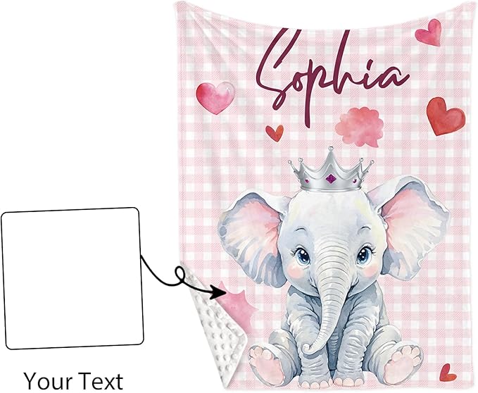 Custom Name Crib Bedding Set - Elephant Theme, Personalized Pink Checkered Nursery Bedding 3-Piece Set– Soft Blanket, Fitted Sheet, Changing Pad Cover – for Newborns Girls Nursery Gifts