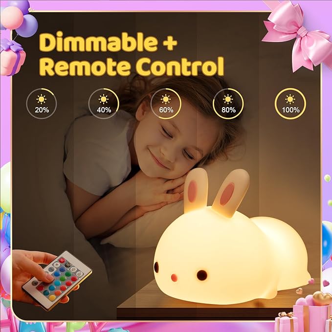 One Fire Night Light for Kids Room, Timer Baby Toddler Nursery Animal Battery Remote Kawaii Night Lamp, Cute Decor Easter Bunny Gift/ Basket Stuffers Decoration