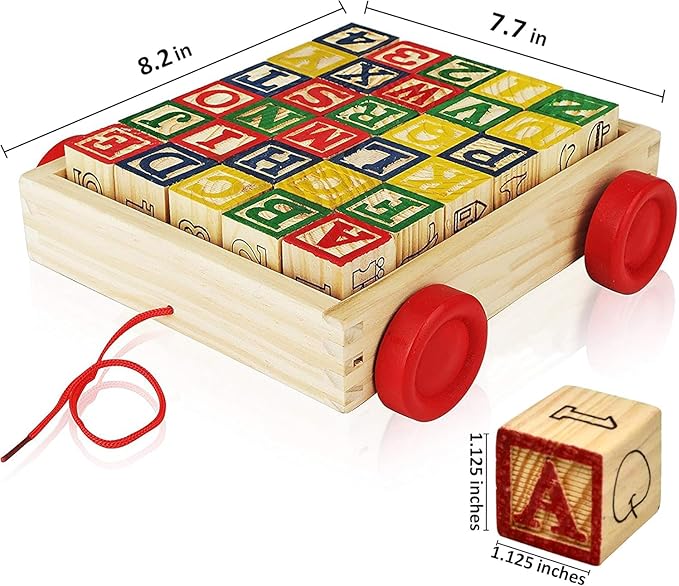 Wooden ABC Blocks with Pull Wagon, 30 Pieces, Educational Alphabet Learning Toy for Toddlers