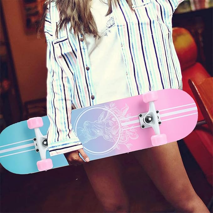 Skateboard,31 x 8 Inch Complete Skateboard, 8-Layer Maple Wood Deck Double Kick Standard Skateboards for Kids, Teens, Adult, Beginner