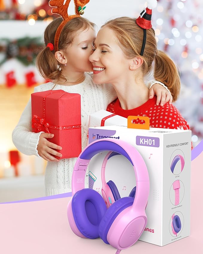 Tronsmart KH01 Kids Headphones - Foldable Over-Ear With Safety Volume 85/93dB, HD Stereo, 3.5mm Jack for Boys/Girls/School/Kindle/Travel/Tablets (Pink)