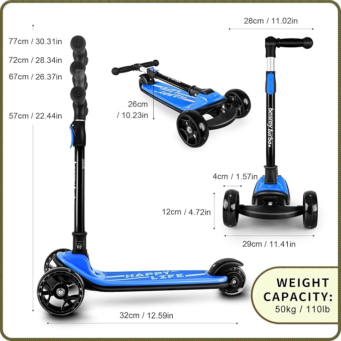 Besrey Kick Scooter for Kids Ages 3-10, 3-Wheel Folding Scooter with Adjustable Height, LED Light Wheels, Extra Wide Deck for Outdoor Activities