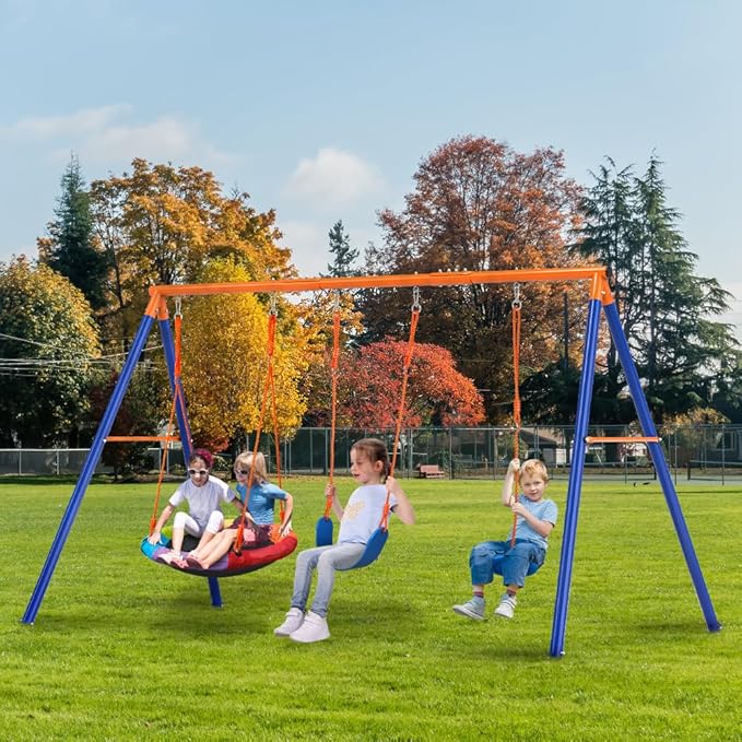 GIKPAL Swing Sets for Backyard, Outdoor Swing Set for Kids Ages 3-8, Outdoor Heavy-Duty Metal Swing Set with 2 Saucer Swings and a Double Ring Swing, 440 lbs Capability,Yellow-blue1,Medium,(YCQQJ01)