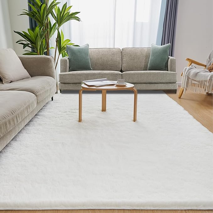 8x10 White Area Rug, Fluffy Plush Rugs for Bedroom, Non Slip Shag Indoor Carpet for Living Room, Nursery, Front Room, Room Decor