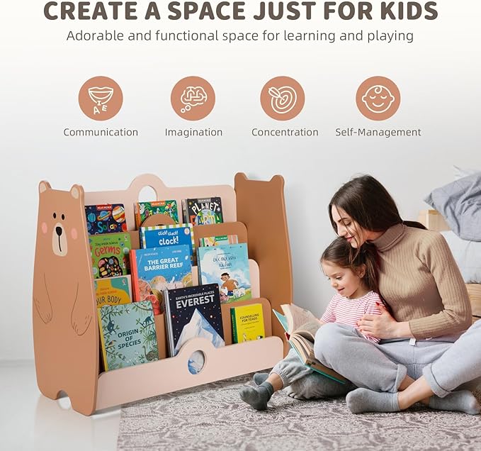OOOK Montessori Bookshelf for Kids, Pine Wood Baby Bookshelf, Bear Toddler Book Shelf for Nursery, Playroom, Classroom
