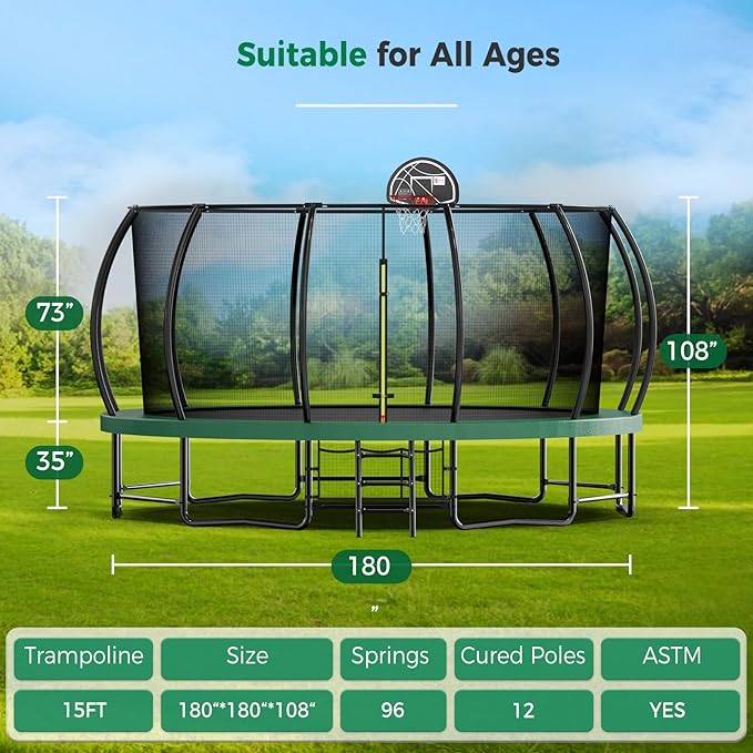 Tatub Large Trampolines Outdoor 10 12 14 15 16FT for Kids and Adults,Outdoor Recreational Pumpkin Trampolines with Curved Poles and Safety Enclosure Net, Basketball Hoop, Ladder