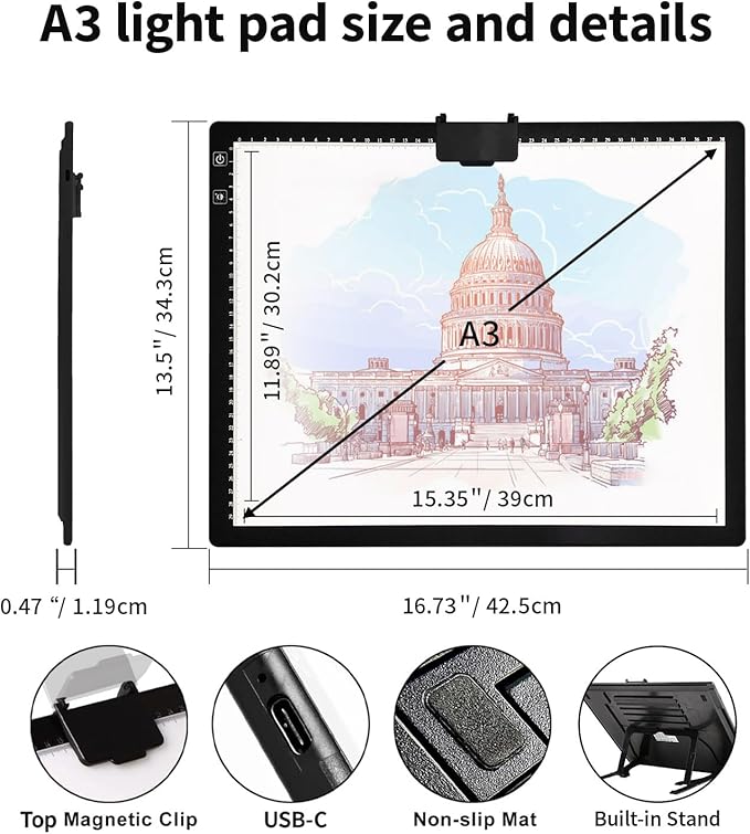 Rechargeable A3 Light Pad for Diamond Painting with Padded Case,Light Board with Stand,3 Colors Stepless Dimmable and 6 Levels of Brightness Light Box for tracing,Drawing,Sketching,Animation