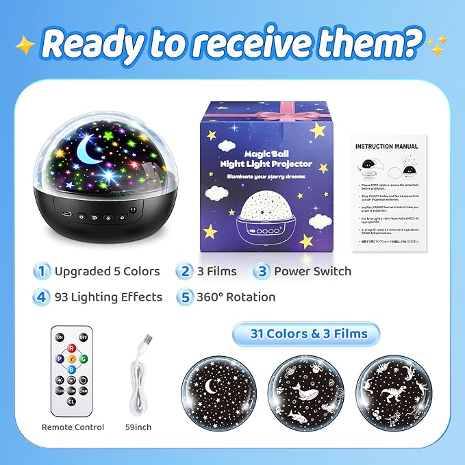 COOLNIGHT Night Light for Kids, 93 Lighting+3 Films Kids Night Light Projector, Remote+Dimmable Star Projector, 360°Slient Glow in The Dark Stars for Ceiling, Gift for 3-8