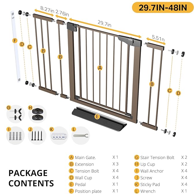Cumbor 29.7-48" Baby Gate for Stairs, Mom's Choice Awards Winner-Dog Gate for Doorways, Auto Close Safety Pet Gate for Dogs Indoor, Easy Install Pressure Mounted Child Gate with Walk Thru Door, Brown