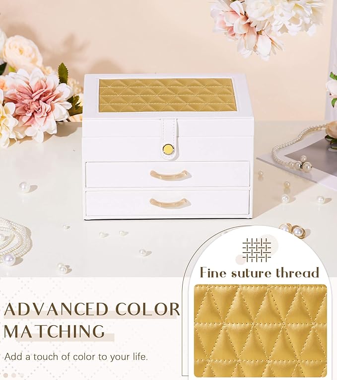 White Jewelry Box Organizer: Home Decor for Women - 2-Drawer Holder for Valentine’s Day Birthday Christmas White Gold