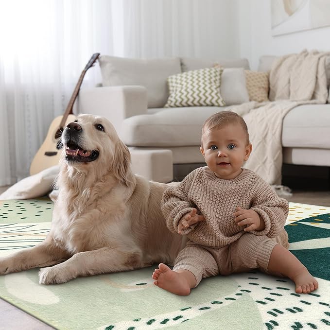 Lahome Green Washable Rugs 9x12 Living Room Rug, Non-Slip Backing Lightweight Extra Large Area Rug Ultra-Thin Throw Rus for Dining Room Table, Boho Botanical Print Soft Rug for Bedroom Classroom Home