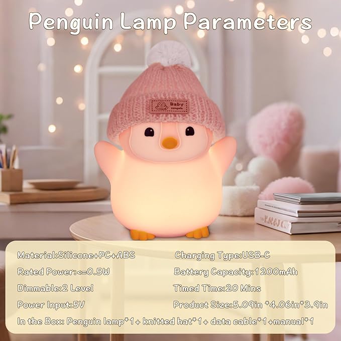 Penguin Night Light, Cute Pink Penguin Lamp with Knit Hat, Soft Silicone Nursery Nightlight for Baby, Rechargeable/Dimmable/Timer,LED Squishy Novelty Animal Bedside Lamp,Funny Gifts for Kids